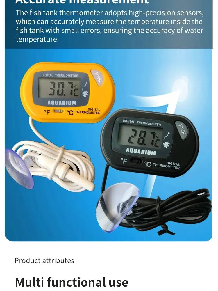 Gelightsche digitaler Thermometer misst die Wassertemperatur in einem Aquarium, gezeigt mit Saugnapf und Kabeln.