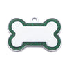A silver pet ID tag shaped like a bone with green glitter accents.