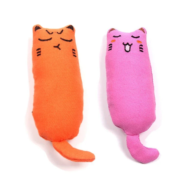 An orange plush cat toy with a soft thumb pillow design and a pink plush cat toy.