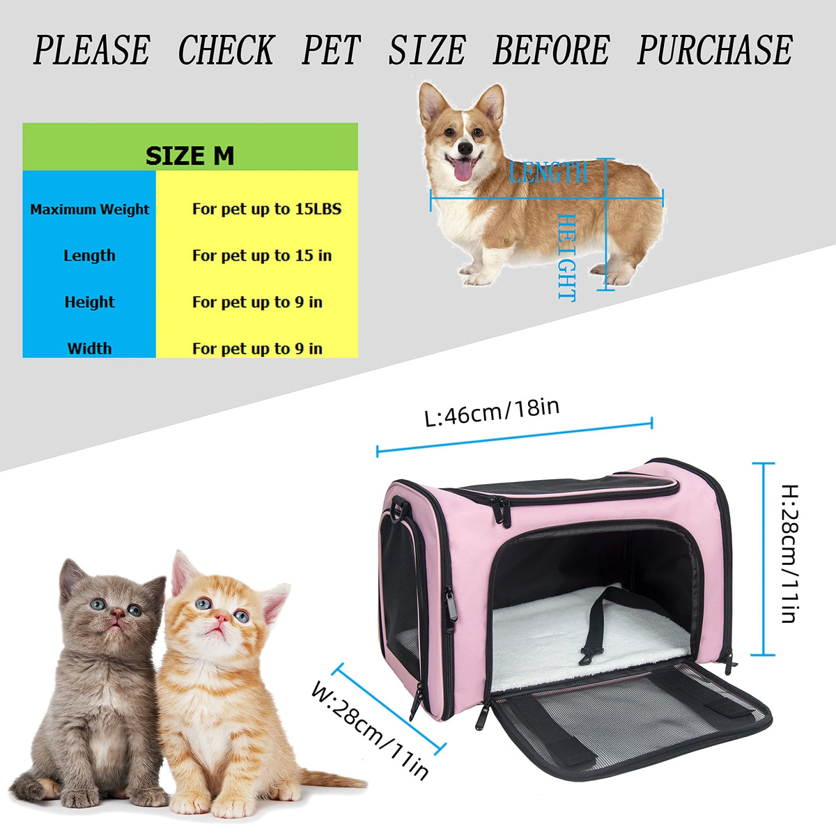 Pink soft-sided pet carrier for cats and small dogs with a collapsible design shown next to kittens.