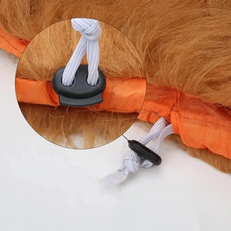 Close-up view of a realistic lion mane dog costume featuring orange fabric and white braided mane.