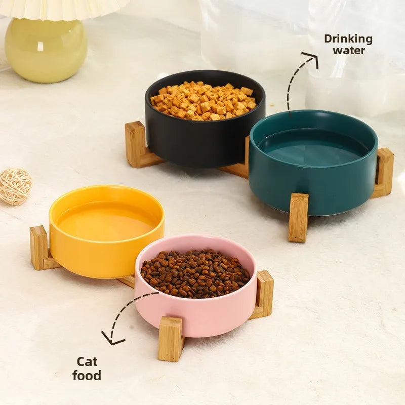 Elevated Ceramic Pet Bowl with Wooden Stand
