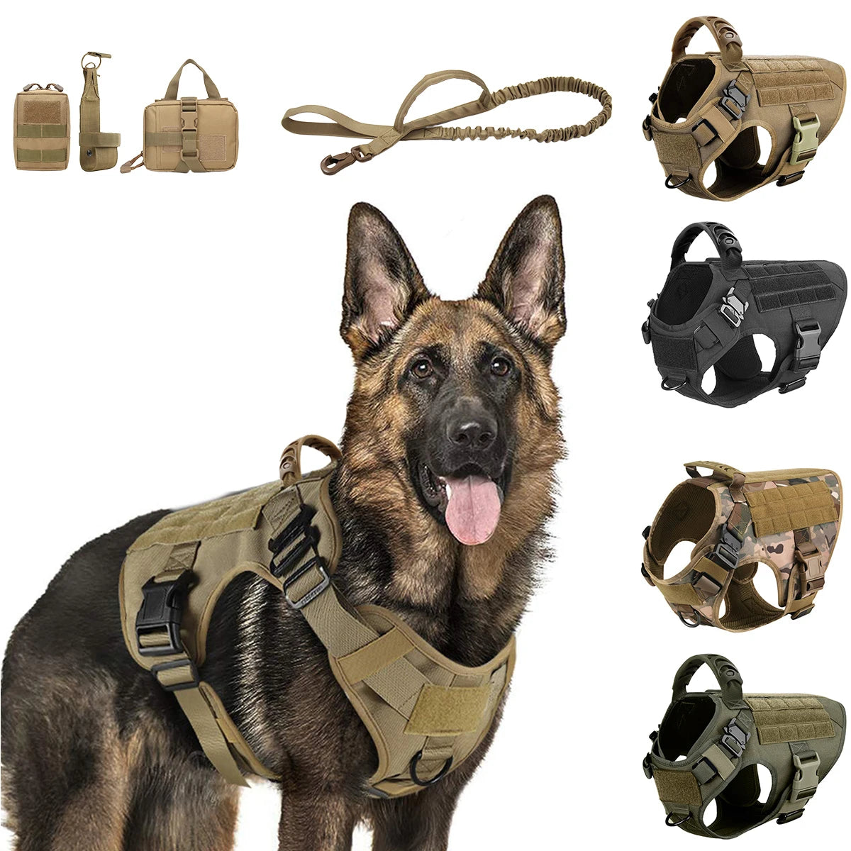 A German Shepherd wearing a tactical dog harness with molle system and leash attachments.