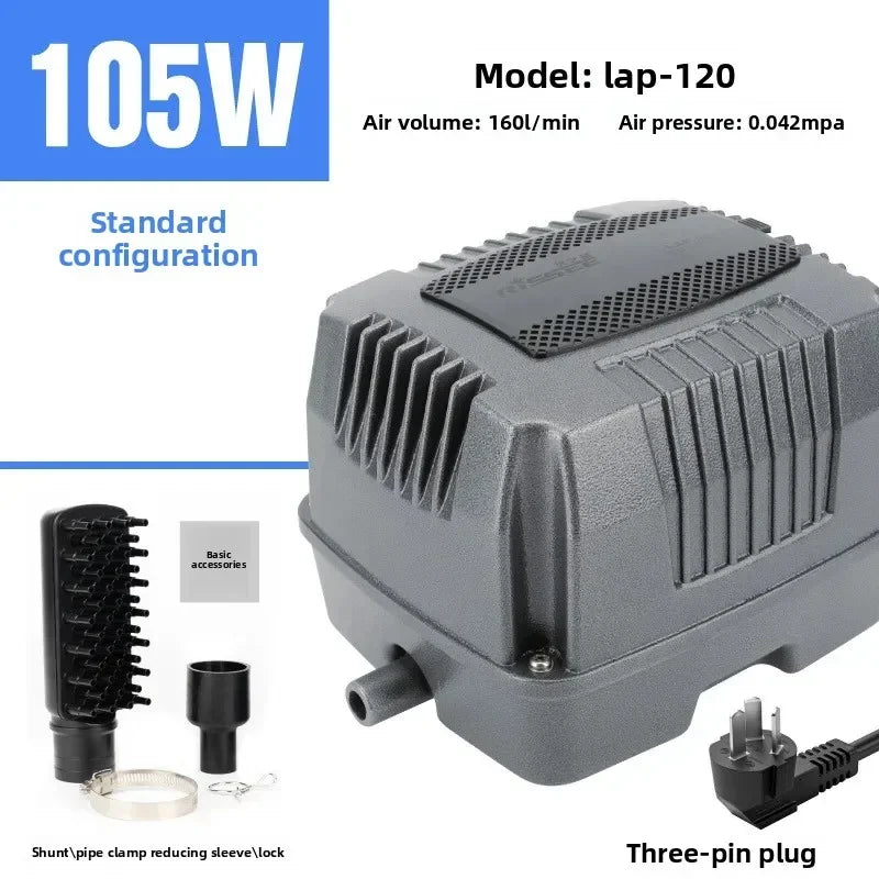 A gray air pump labeled 105W model lap-120 with accessories shown.