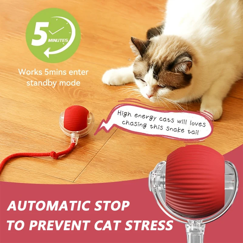 Automatic stop cat toy for cats with a red snake tail and LED lights