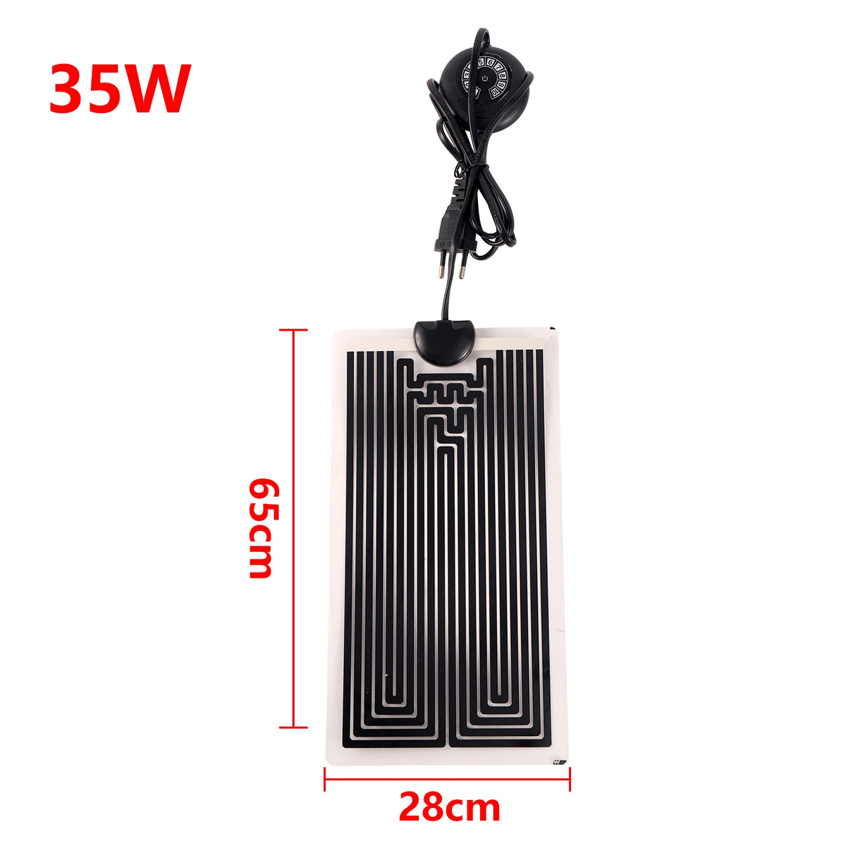 A black reptile heat mat with a thermostat and power cord, measuring 65cm by 28cm.