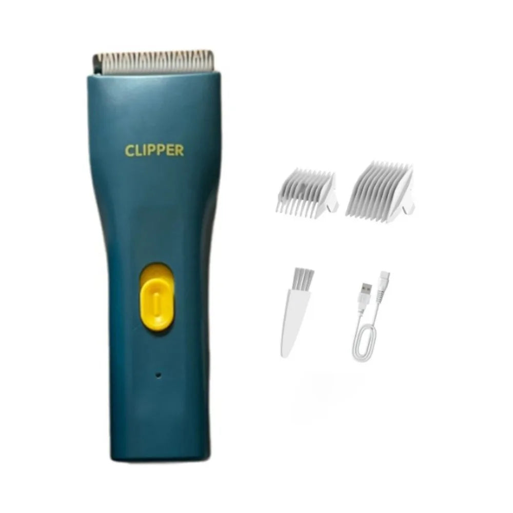 Cortador portátil de pelo para mascotas color verde azulado con interruptor amarillo y varios accesorios