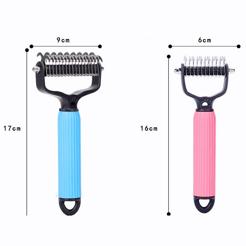 A pair of double-sided stainless steel dematting combs for dogs, shown in blue and pink colors.