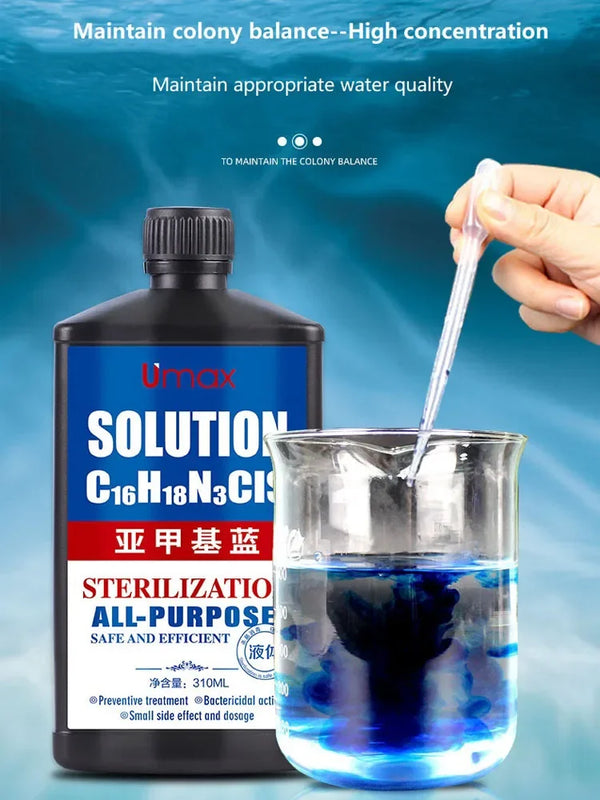 A hand is adding a clear liquid solution to a glass of water, next to a bottle labeled Umax Solution C16H18N3Cl for steriliza