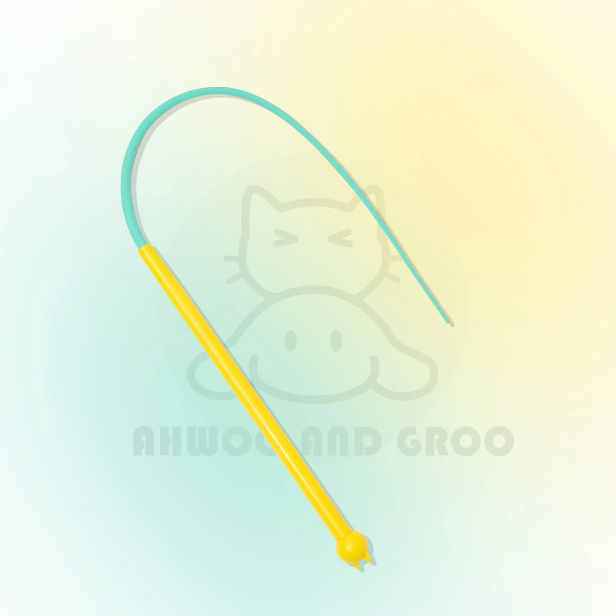 A yellow interactive cat teaser wand with a silicone tail and bell against a light background.