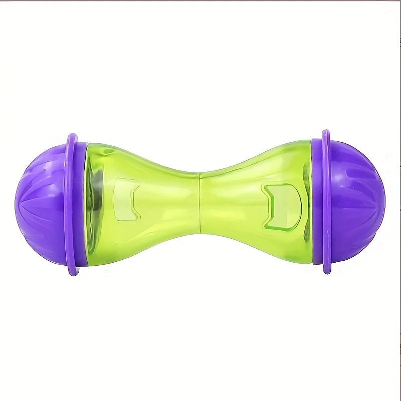 Juguete pelota comedero interactivo para mascotas de color verde lima y morado brillante.