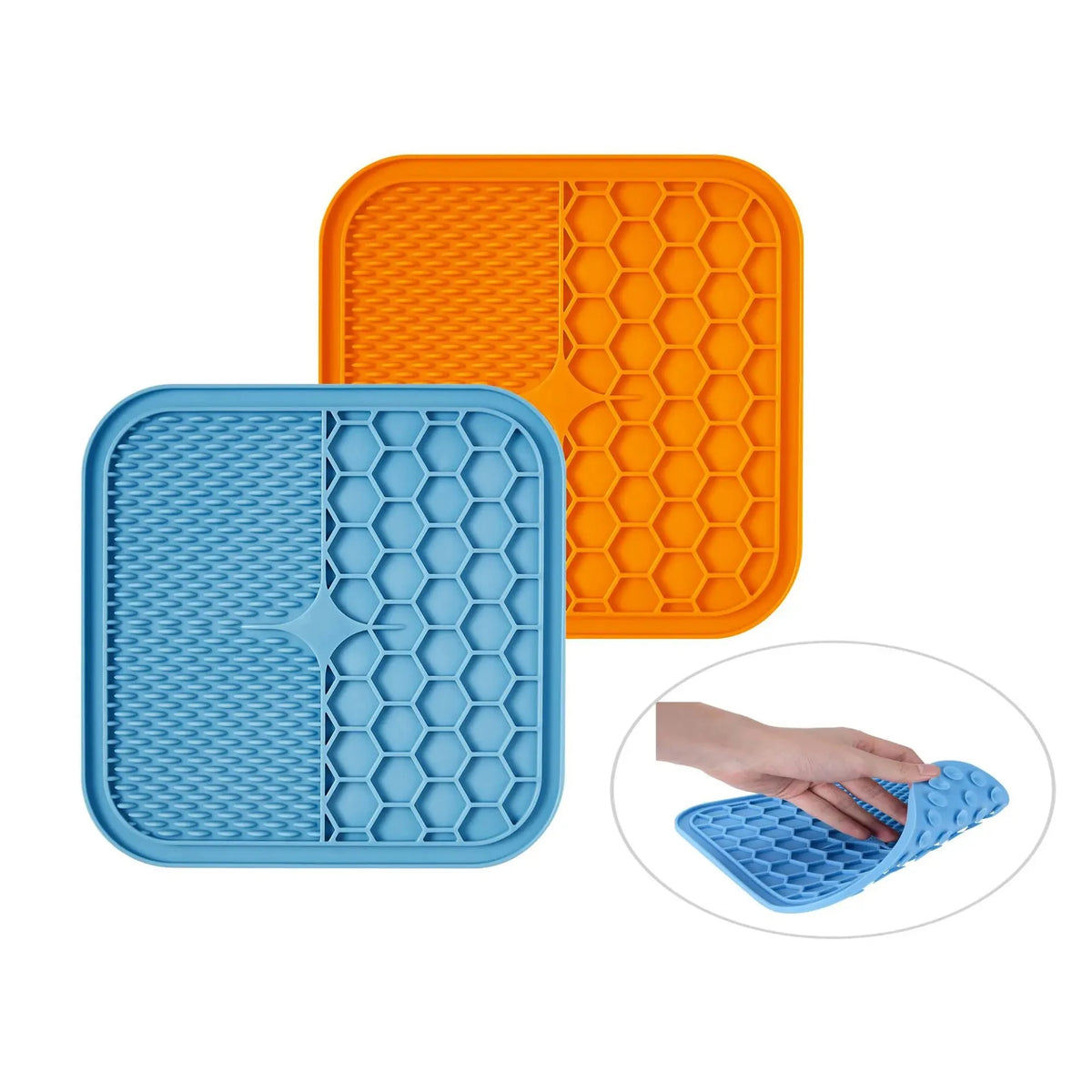 Two silicone pet licking mats in orange and blue with suction cups shown next to a hand
