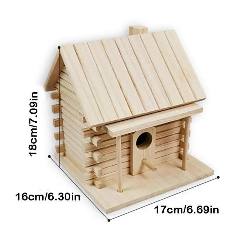 A natural light wood birdhouse with a slanted roof and small entrance hole.