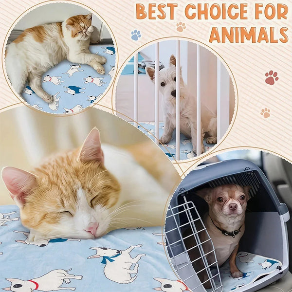 A cozy flannel pet blanket featuring a bulldog print is shown alongside a small dog in a wire carrier.