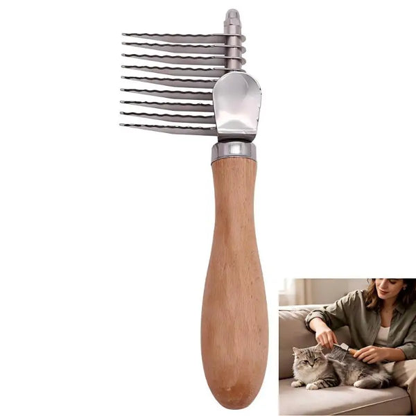 A silver pet deshedding brush with wooden handle and metal teeth.