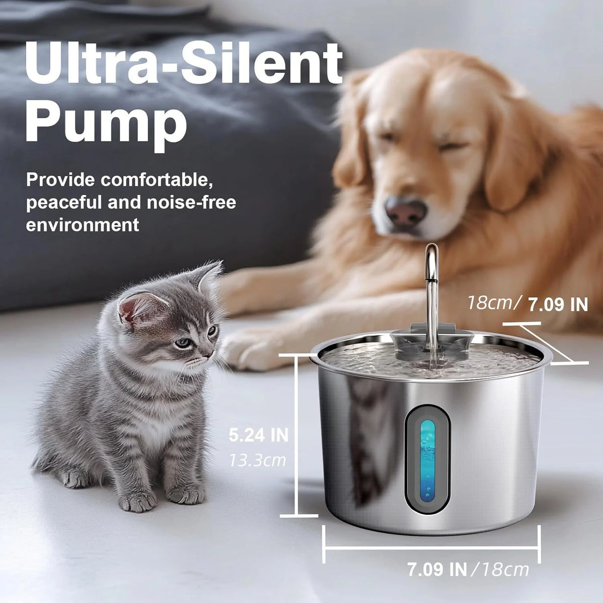 Fontaine à eau automatique en acier inoxydable à côté d'un golden retriever et d'un chaton.