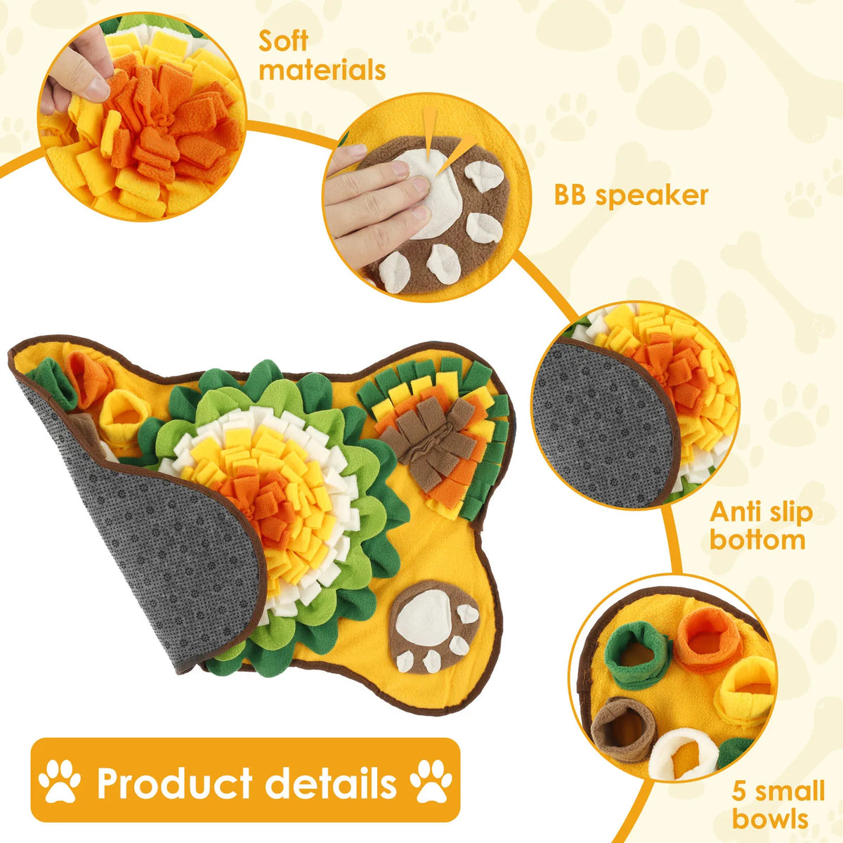 Interactive dog snuffle mat featuring soft materials and an anti-slip bottom with 5 small bowls.