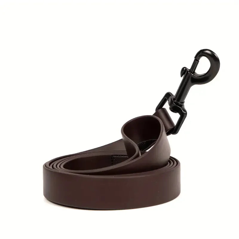 A brown waterproof PVC dog leash with a black clip and handle.