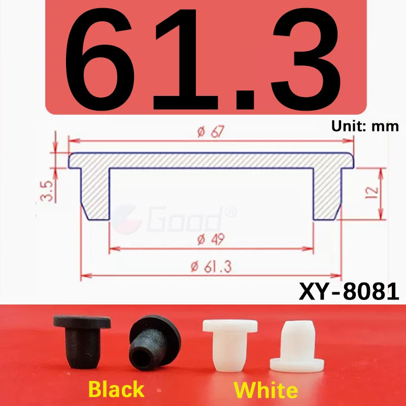 Black and white silicone rubber hole plugs shown next to a measurement diagram.