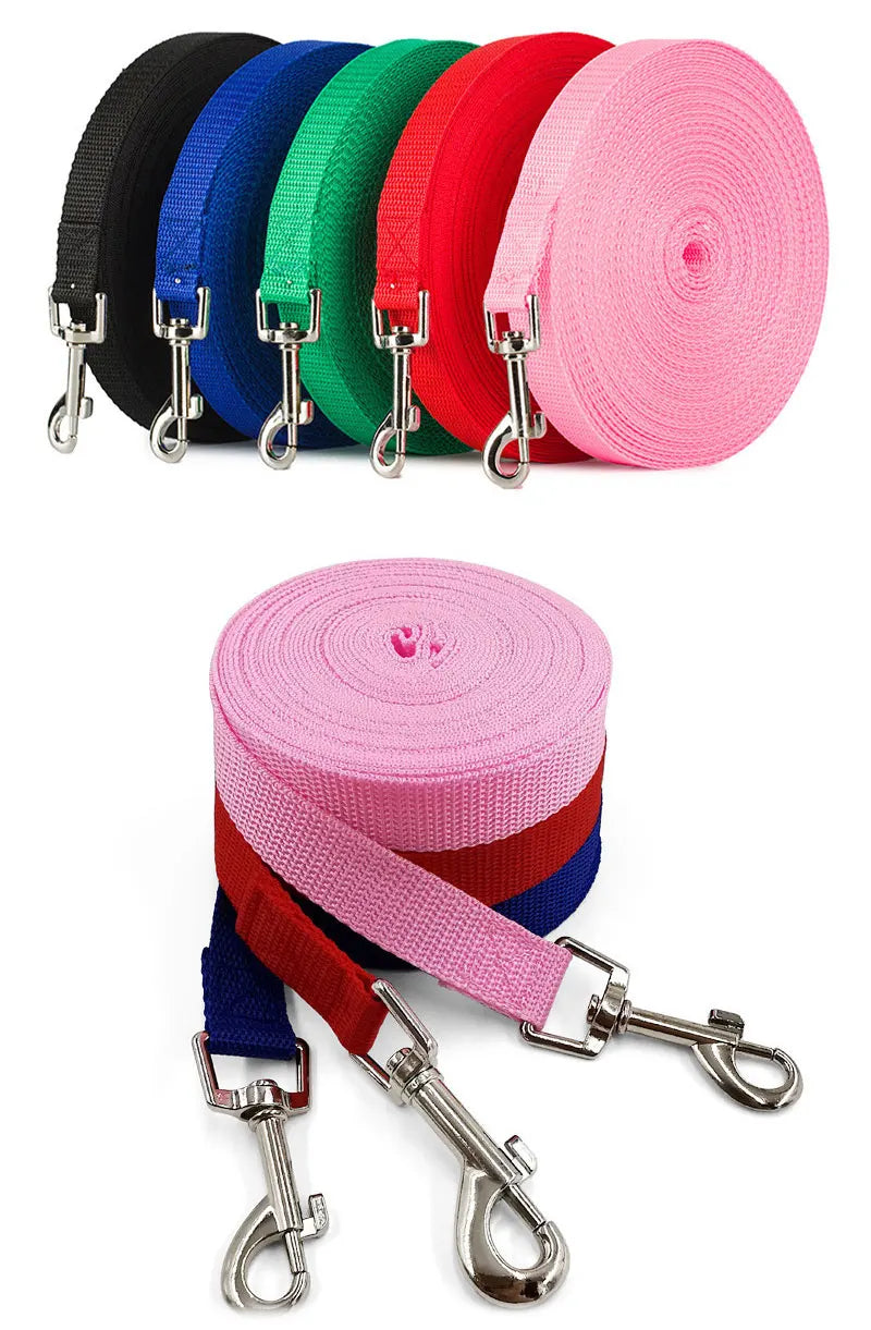 A collection of nylon dog training leashes in various solid colors, including black, blue, green, red, and pink.