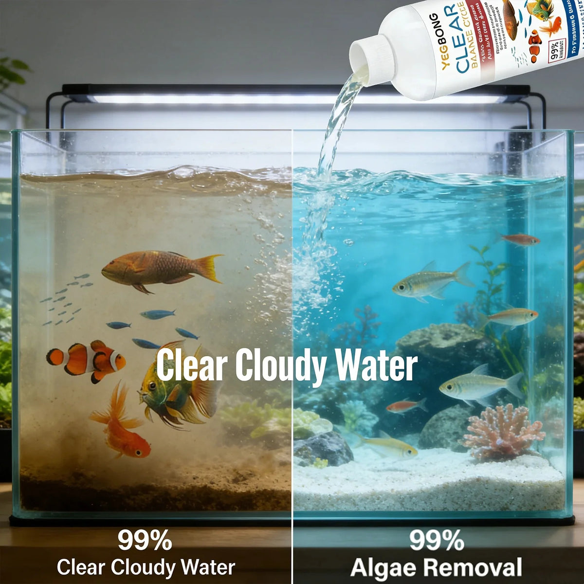 Klares Glasaquarium zeigt eine Aufteilung des Wassers, die 99% klare trübe Wasser und 99% Algenentfernung demonstriert.