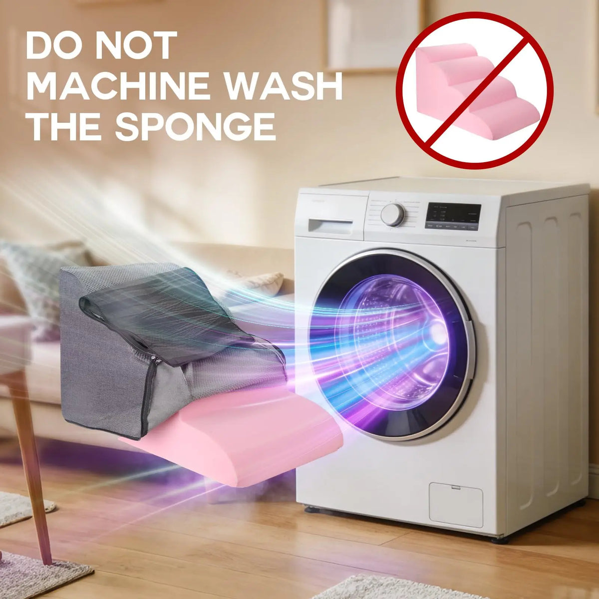 Weiße Waschmaschine mit Warnschild, neben einer rosa Schwamm und Treppchen für Haustiere.