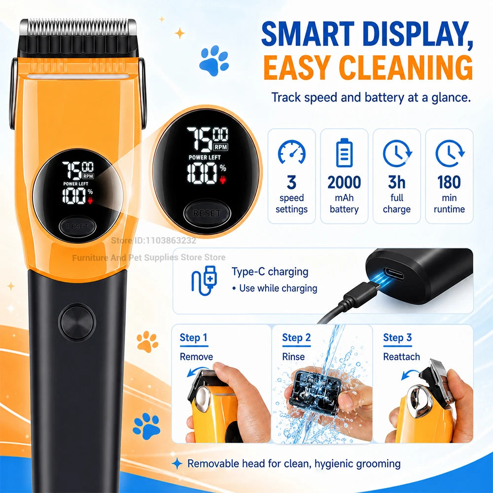 Professional Cordless Pet Grooming Clipper with LED Light and 6 Guide Combs