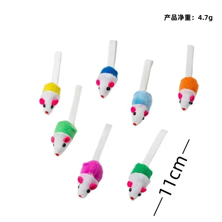 A set of four fluffy catnip mice toys with white handles and colorful heads, measuring 11cm long.