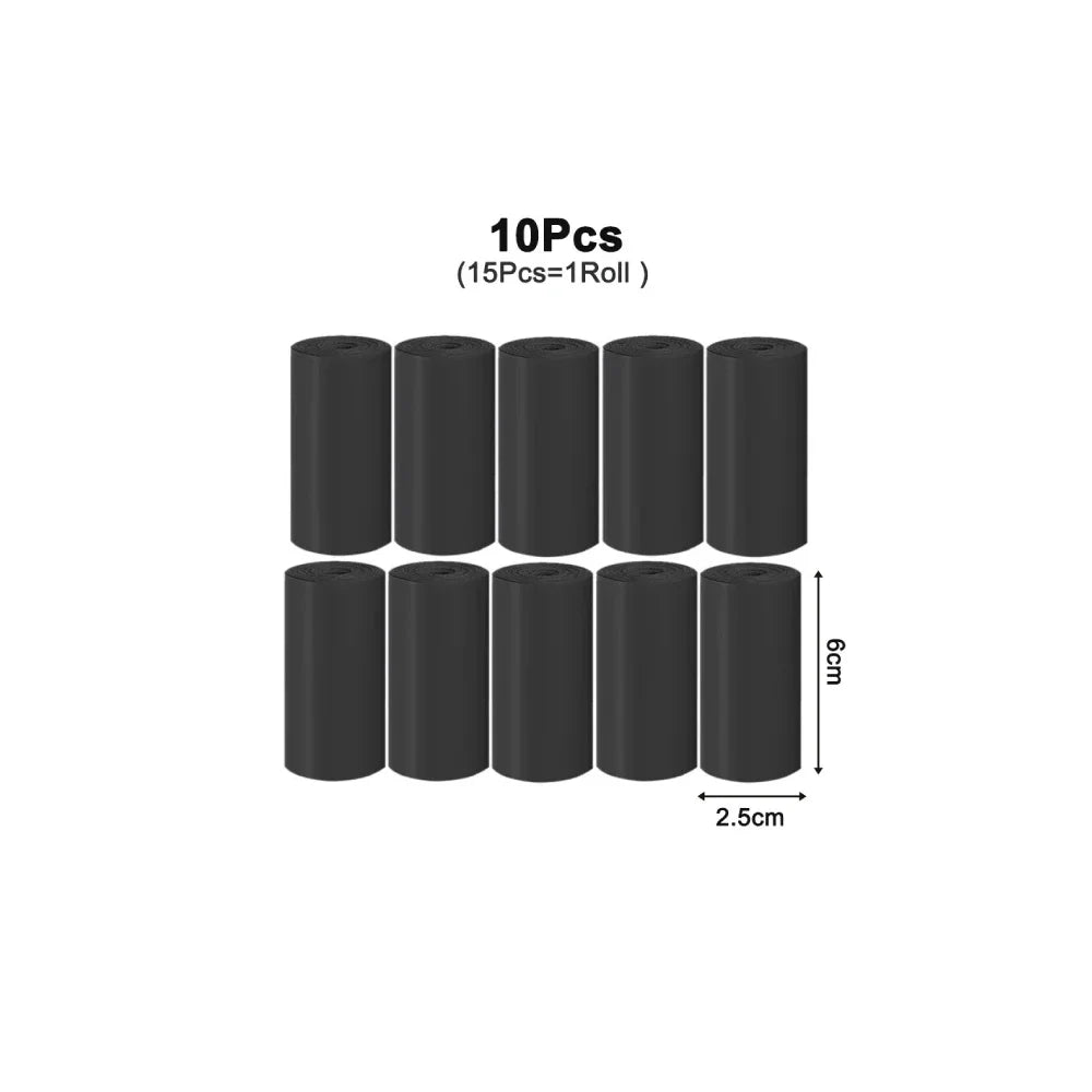 Ten pieces of black cat litter scoops with integrated waste containers and refill bags.