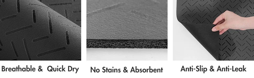 Close-up view of a black pet feeding mat showing breathable, quick-dry fabric and anti-slip rubber backing.