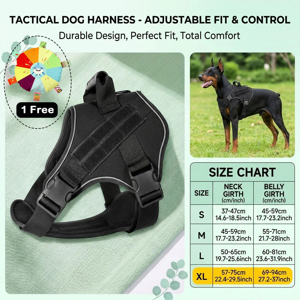 Black adjustable tactical dog harness for control and comfort shown with a dog in a grassy outdoor setting