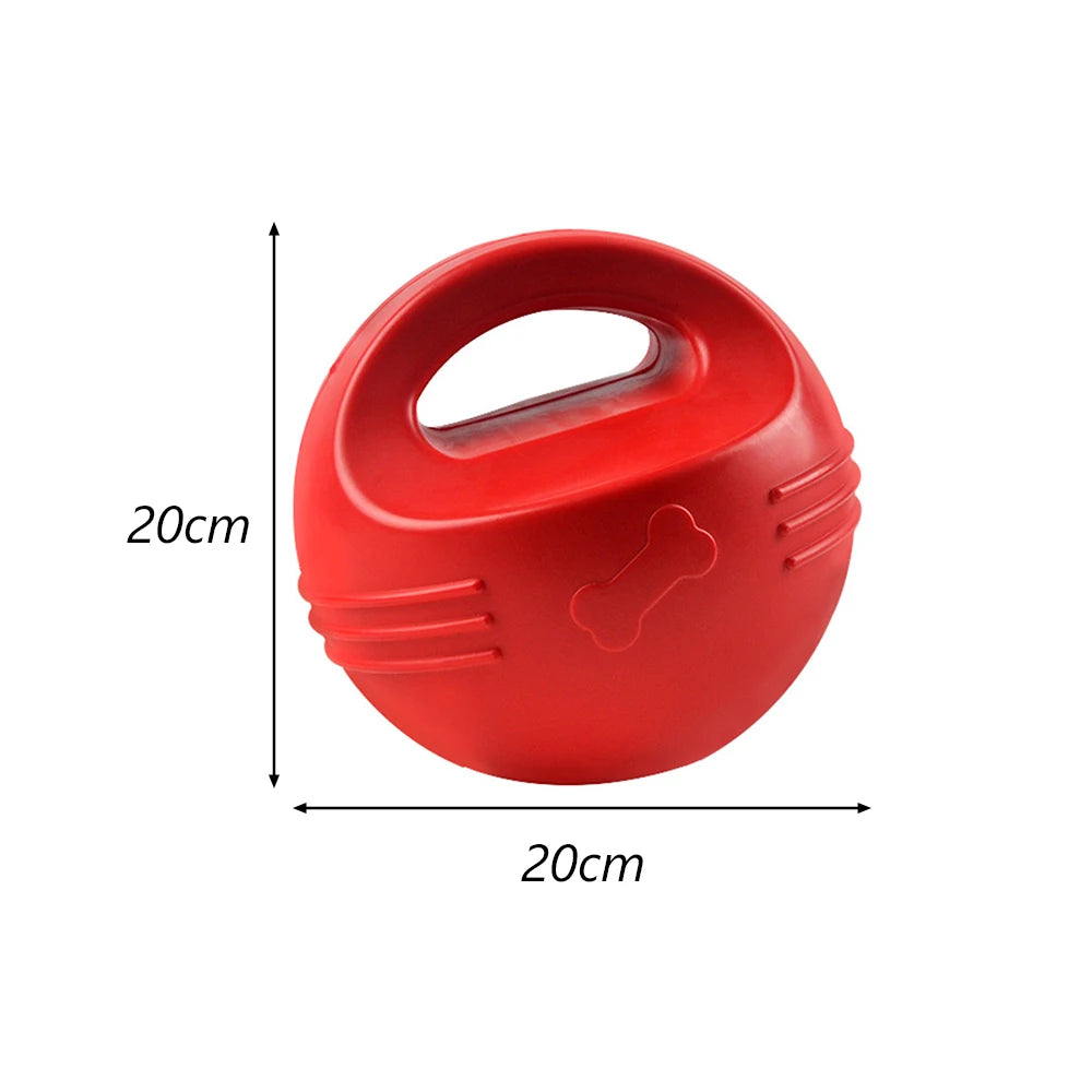 A bright red hexagonal TPR dog chew toy with a handle, shown from above.