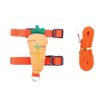 An orange cartoon carrot shaped harness and leash set for small animals.