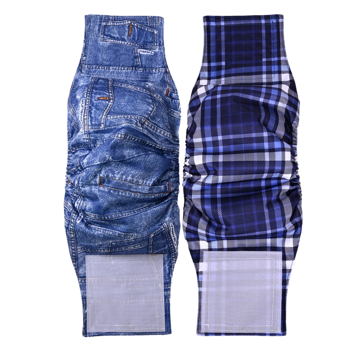 A pair of reusable adjustable belly bands for male dogs, featuring denim and plaid fabric.