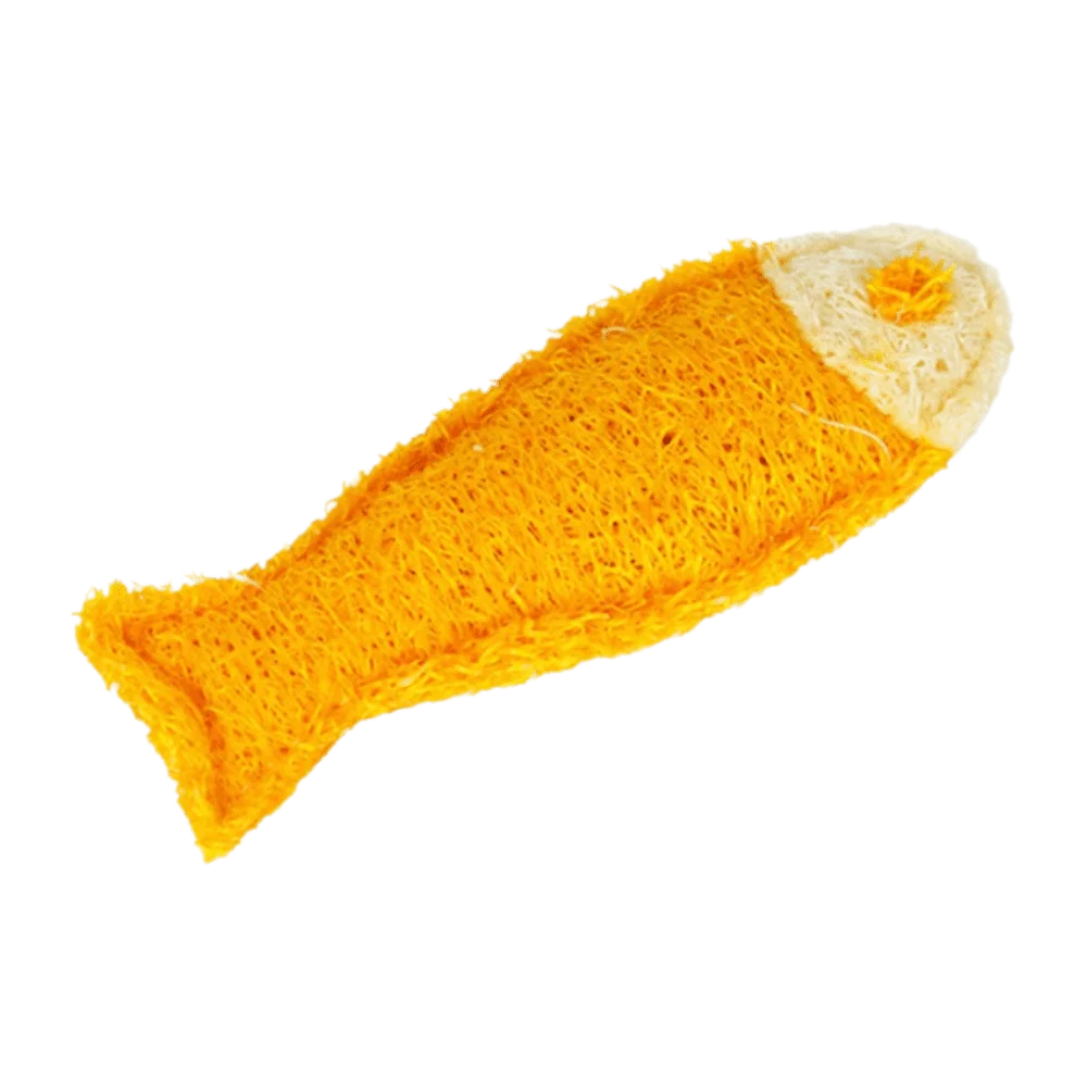 An orange natural loofah cat chew toy for teething and dental health.