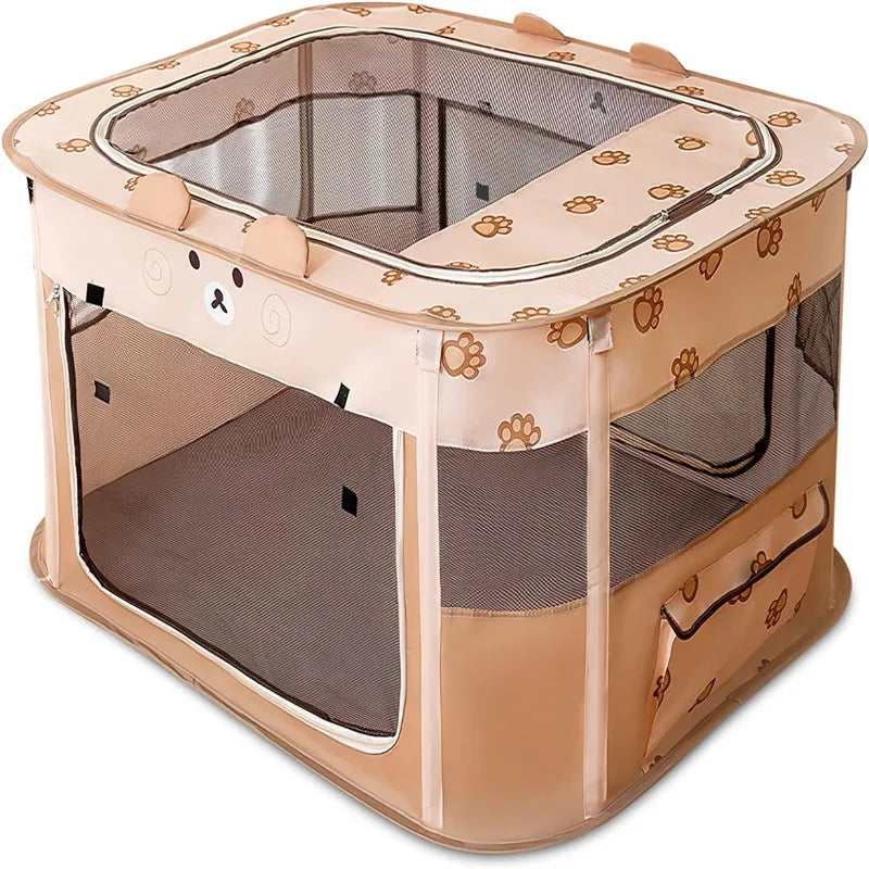 Cage pour animaux portable pliable beige avec enclos en maille et sac de transport.