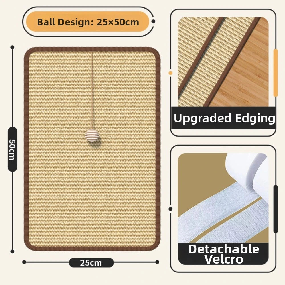 Sisal cat scratching board with a play ball featuring upgraded edging and detachable velcro