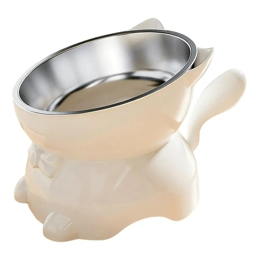 A beige ceramic elevated cat bowl with a stainless steel insert.