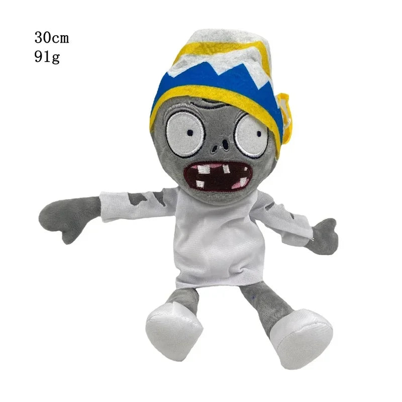 A plush toy of the Plants vs. Zombies Gargantuar with a blue and yellow hat, gray skin, and white clothing.