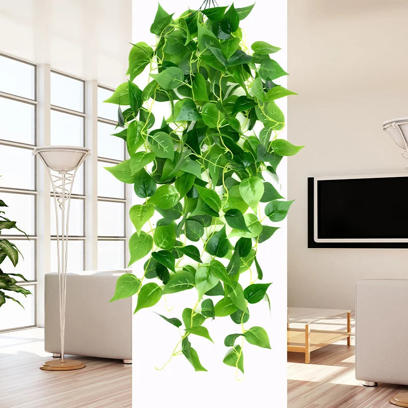 Artificial ivy wall hanging plant with vibrant green leaves hanging indoors