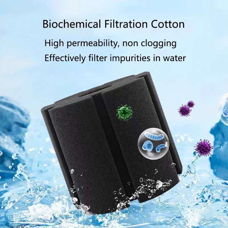 Black biochemical filtration cotton filter pads floating in water with various impurities