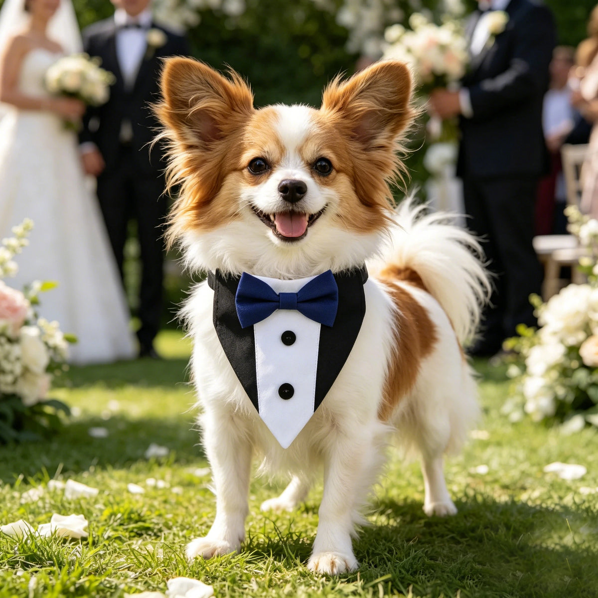 A fluffy tricolor dog wearing an elegant black and white pet wedding collar with a blue bow tie bandana, standing in a garden