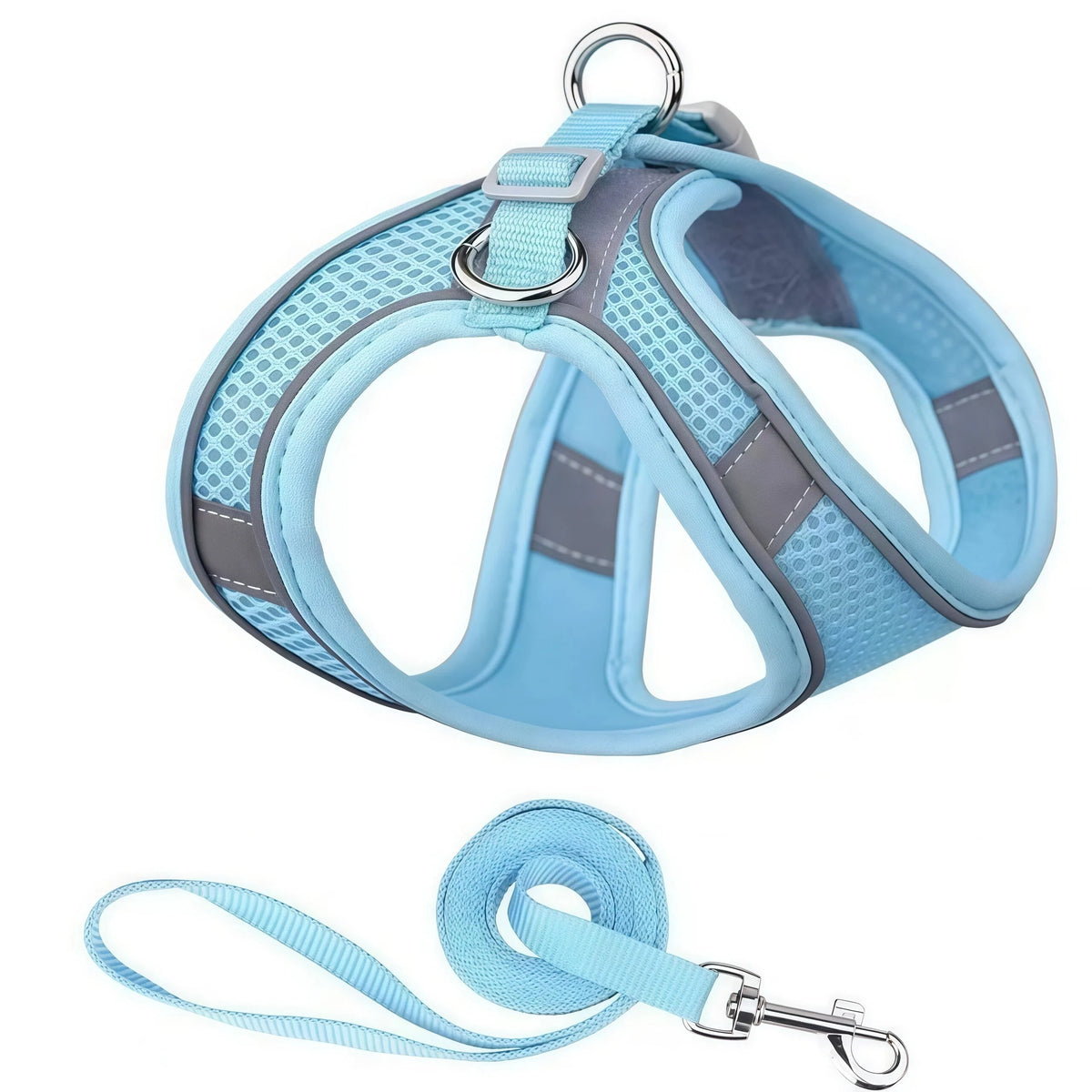 A light blue reflective adjustable dog harness and leash set with a silver clip.
