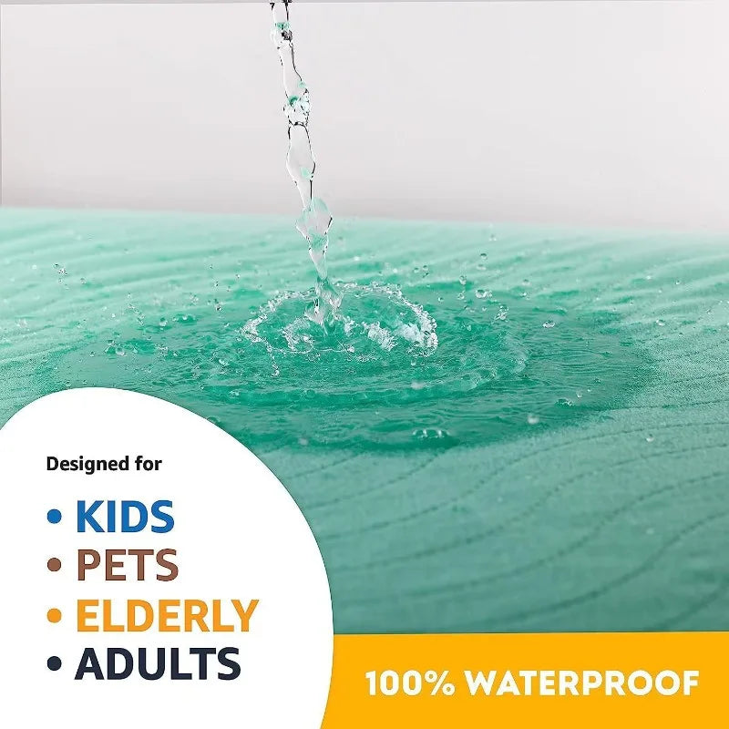 A close-up shot of a teal mat being watered, demonstrating its waterproof and absorbent properties for pets.