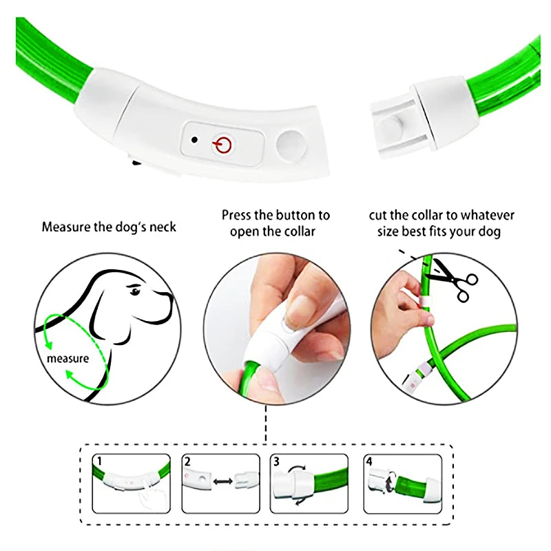 A white and green USB rechargeable pet safety light collar with a measuring tool for fitting.