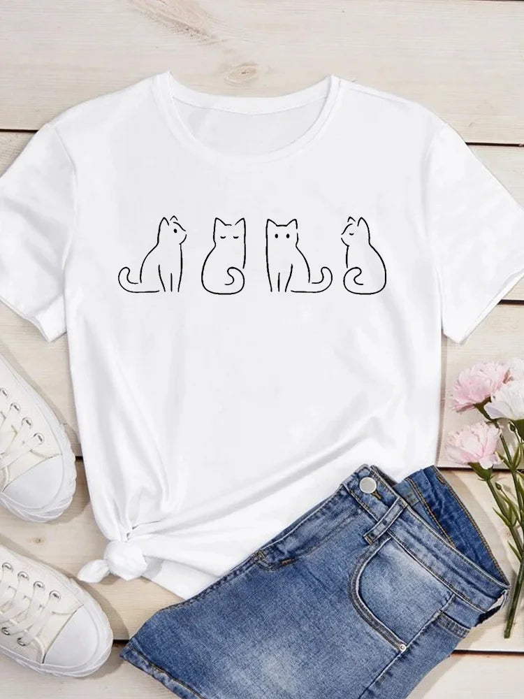 Women Kawaii Cats Print Summer Cartoon T Shirt