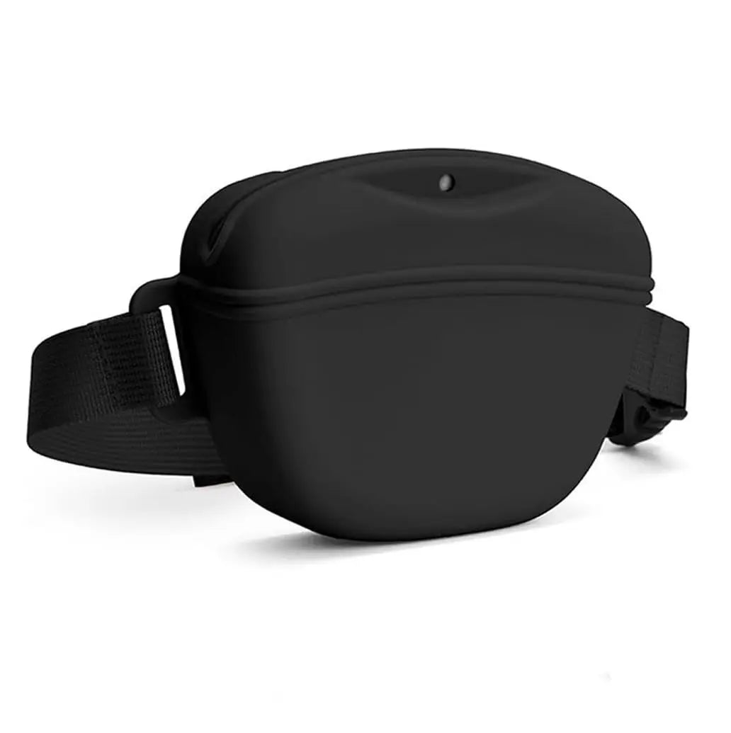 Black silicone dog treat pouch with a magnetic closure and an adjustable waist belt.
