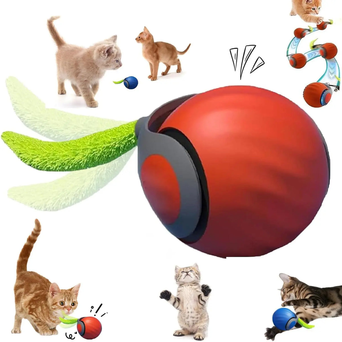 Roter, sphärischer interaktiver Spielball für Katzen, mit verschiedenen Katzen, die damit interagieren.