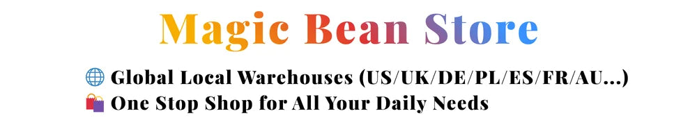 A logo for Magic Bean Store featuring text and icons indicating global warehouses and a one-stop shop.
