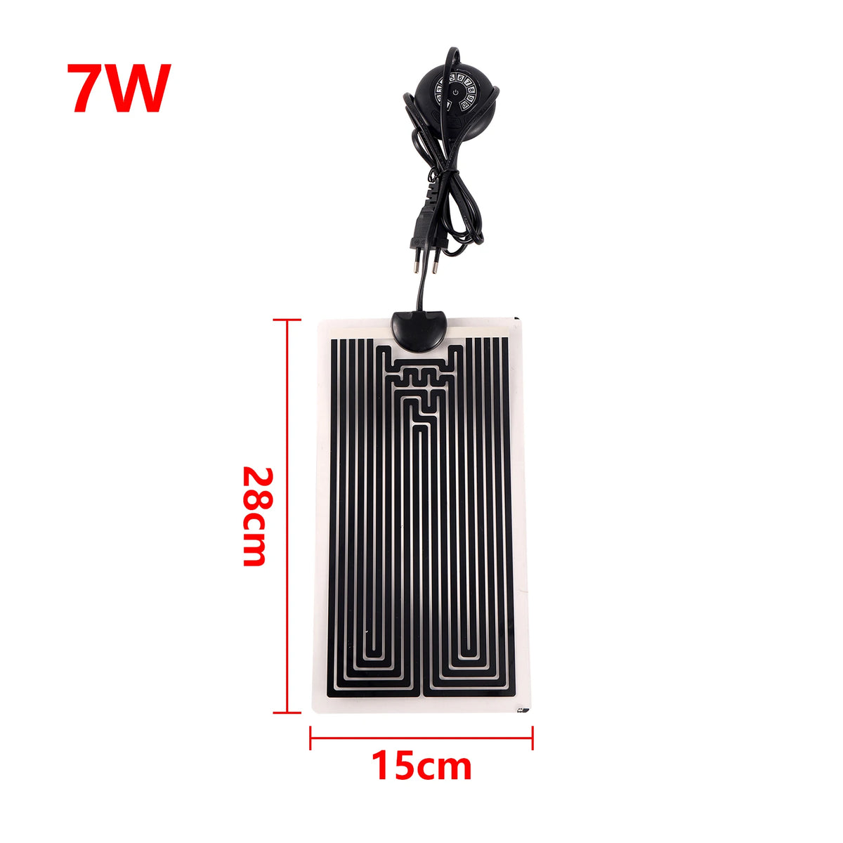 A black reptile heat mat with a thermostat and electrical cord, measuring 28cm by 15cm.